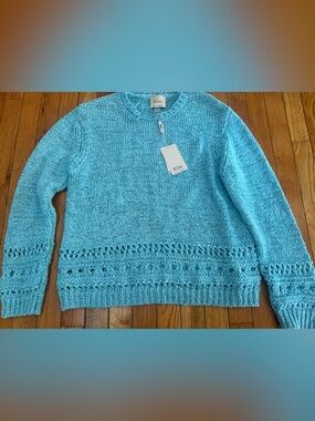 Elie Tahari Blue Seafoam Open Knit Cotton Sweater XL NWT